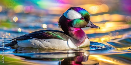 glistening, water, motion, feathers, aquatic bird, reflection, wetland, A close up shot of a bufflehead duck raising out of the water with its colorful feathers glistening in the sunlight photo