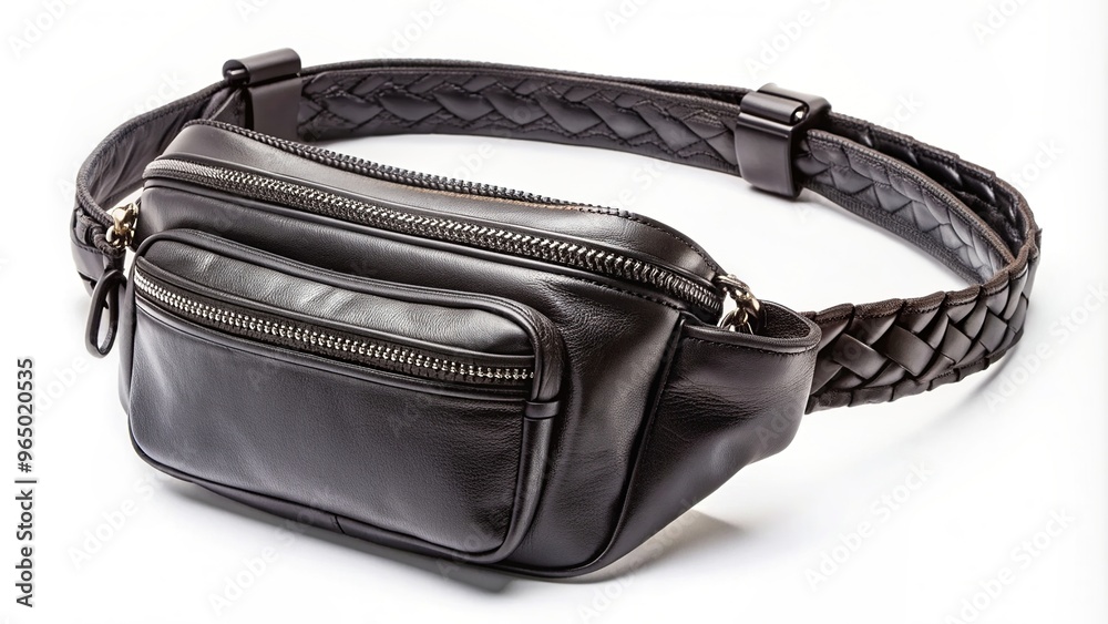 Black leather waist bag with a detachable braid strap hanging in mid air, storage, hands-free, accessories,leather, aerial, black, modern, on-trend, versatile, urban, trendy Black leather waist bag with a detachable braid strap hanging in mid air, storage, hands-free, accessories,leather, aerial, black, modern, on-trend, versatile, urban, trendy