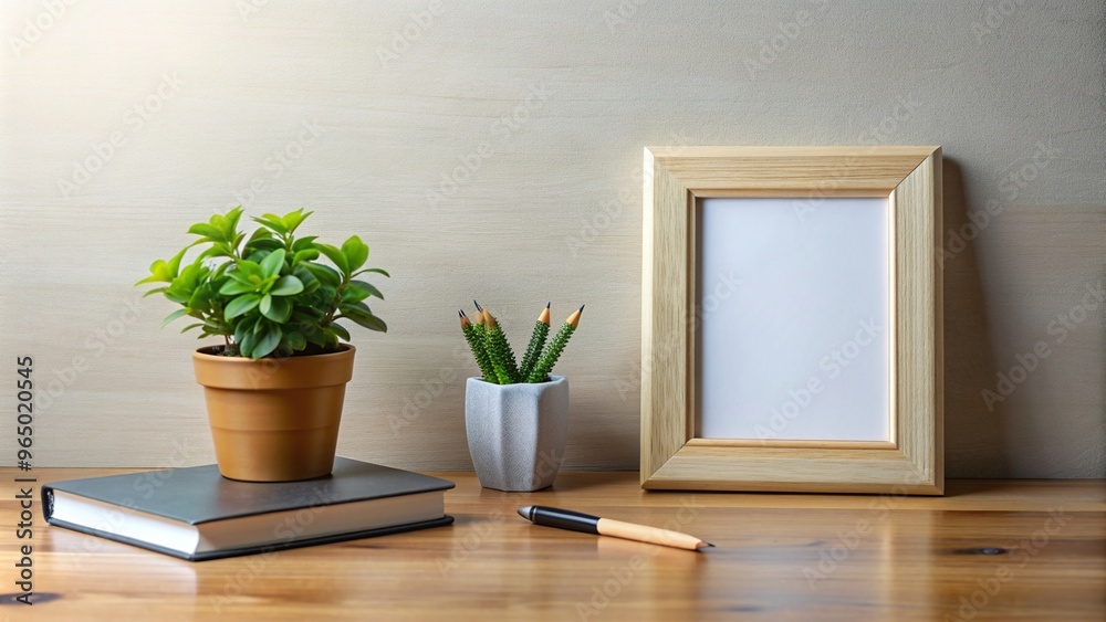 Fototapeta premium minimalist, photography, modern, styled, decor, A table top arrangement showcasing a blank picture frame a book a pen and a small pot plant captured from a wide angle perspective