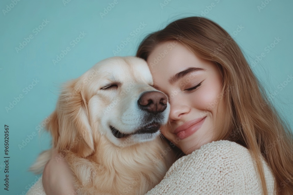 Girl hugging a happy golden retriever on a blue background