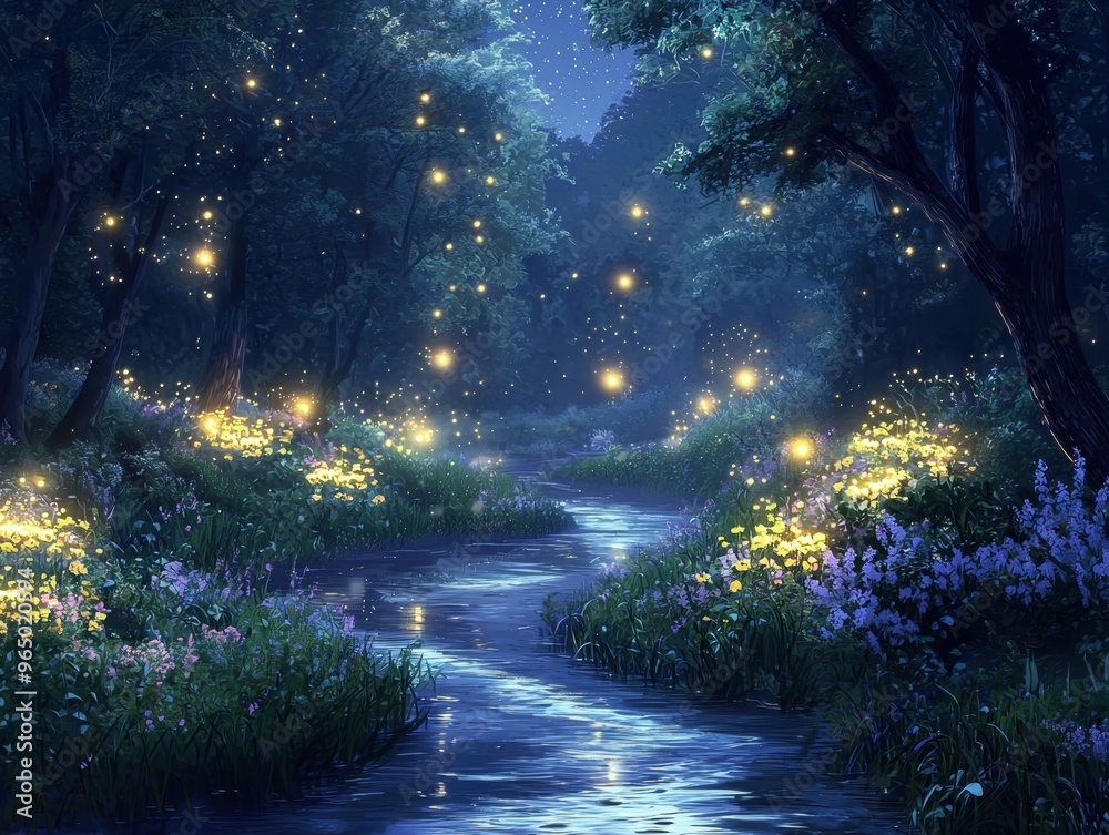 Obraz premium Enchanted Nighttime Forest River Pathway with Glowing Fireflies and Serene Atmosphere