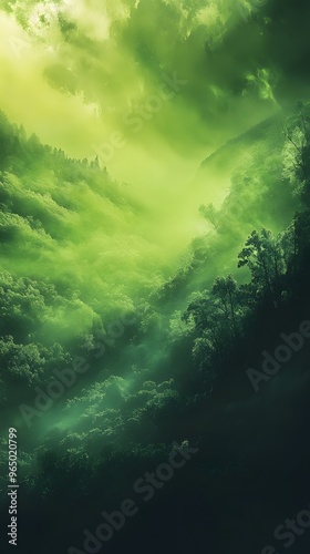 Foggy Green Forest with Sunlight Streaming Through Canopy