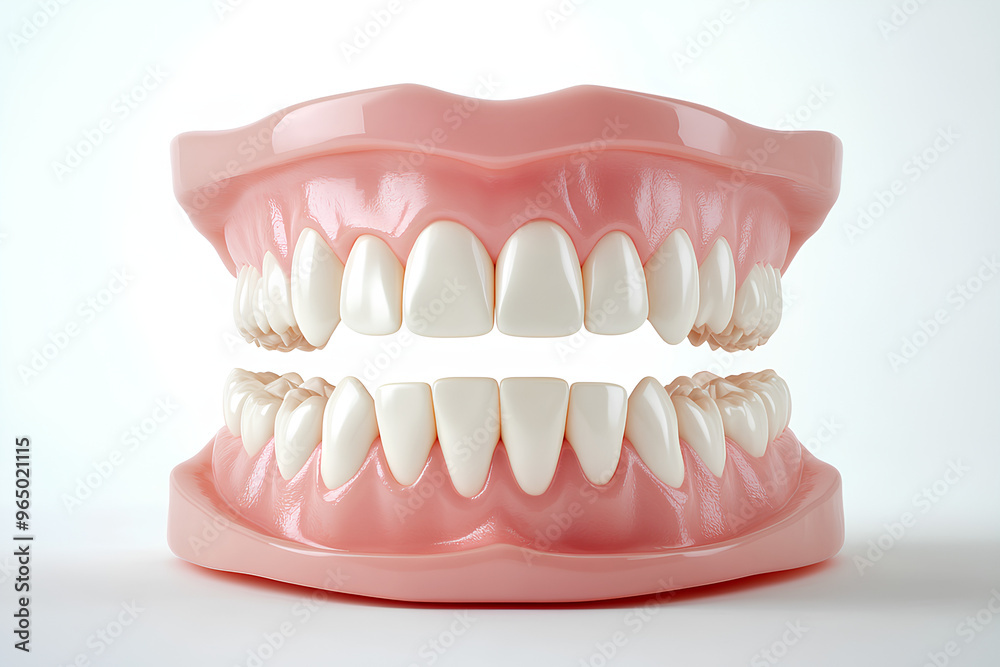 A close-up of a set of perfect, white teeth in a model of a human mouth, isolated on a white background. A close-up of a set of perfect, white teeth in a model of a human mouth, isolated on a white background.