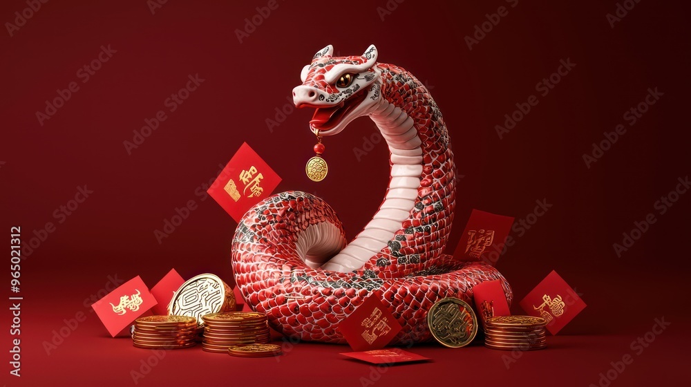 Wealth and Prosperity: 3D Rendered Snake with Chinese Patterns Coiling ...