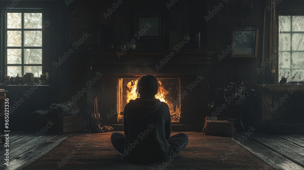 A person sitting in front of a fireplace with no fire, [emptiness], [hopelessness in comfort settings]