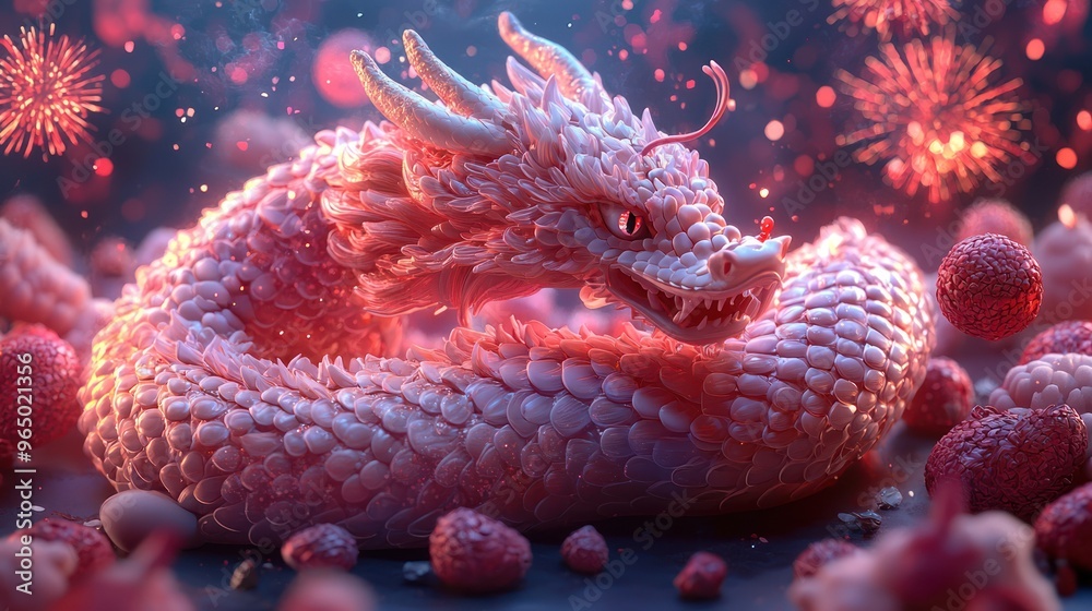 Illuminated Snake with Chinese Dragon Scales Amid Fireworks Display - 3D Rendering Celebrating Festivity, generative AI Illuminated Snake with Chinese Dragon Scales Amid Fireworks Display - 3D Rendering Celebrating Festivity, generative AI