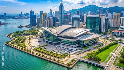 An aerial view of the Hong Kong Convention and Exhibition Centre showcasing its unique asymmetrical design, venue, congress, interior space, exhibition, exhibition hall, trade show photo