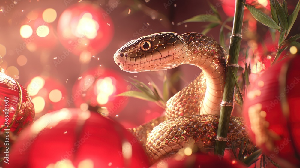 Glowing Golden Snake Coiled Around Bamboo with Red Chinese Lanterns in Vibrant 3D Illustration, generative AI