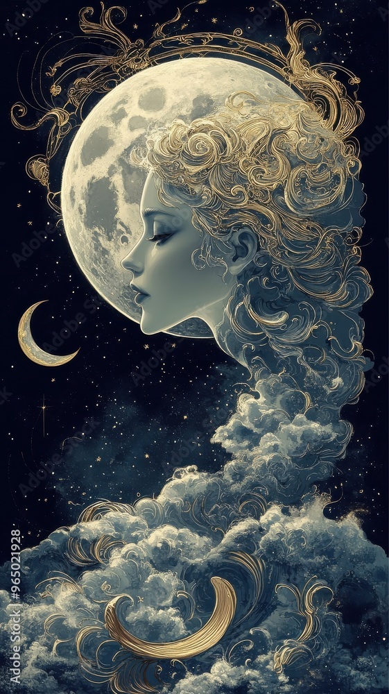 Moon in Art Nouveau style with elegant curves, intricate detailing, and ornate, flowing lunar designs. Moon in Art Nouveau style with elegant curves, intricate detailing, and ornate, flowing lunar designs.