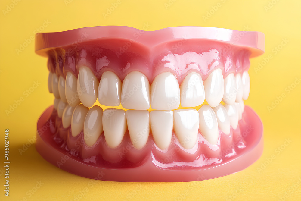 A close-up of a set of healthy, white teeth in a dental model, isolated on a yellow background. A close-up of a set of healthy, white teeth in a dental model, isolated on a yellow background.