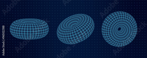 This image features three 3D wireframe mesh toruses positioned against a dotted grid background. The abstract geometric shapes exhibit a retro Y2K aesthetic with futuristic and digital design elements