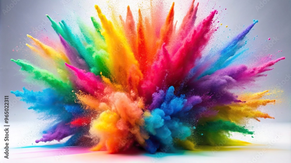 A vibrant and dynamic explosion of colorful powder against a clean white background from a low angle perspective, powder explosion, vibrant explosion A vibrant and dynamic explosion of colorful powder against a clean white background from a low angle perspective, powder explosion, vibrant explosion