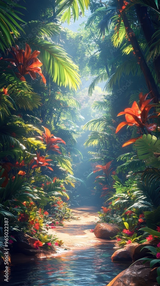 Rainforest in stylized 3D style with bold forms, vivid colors, and a dynamic, realistic depiction of trees, plants, and wildlife. Rainforest in stylized 3D style with bold forms, vivid colors, and a dynamic, realistic depiction of trees, plants, and wildlife.