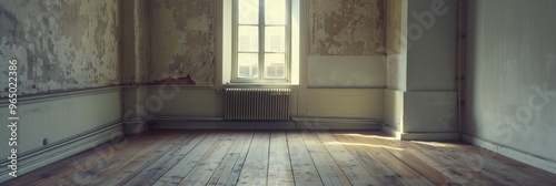 A vacant room featuring a radiator in the corner, lacking any decor on the walls or floor.