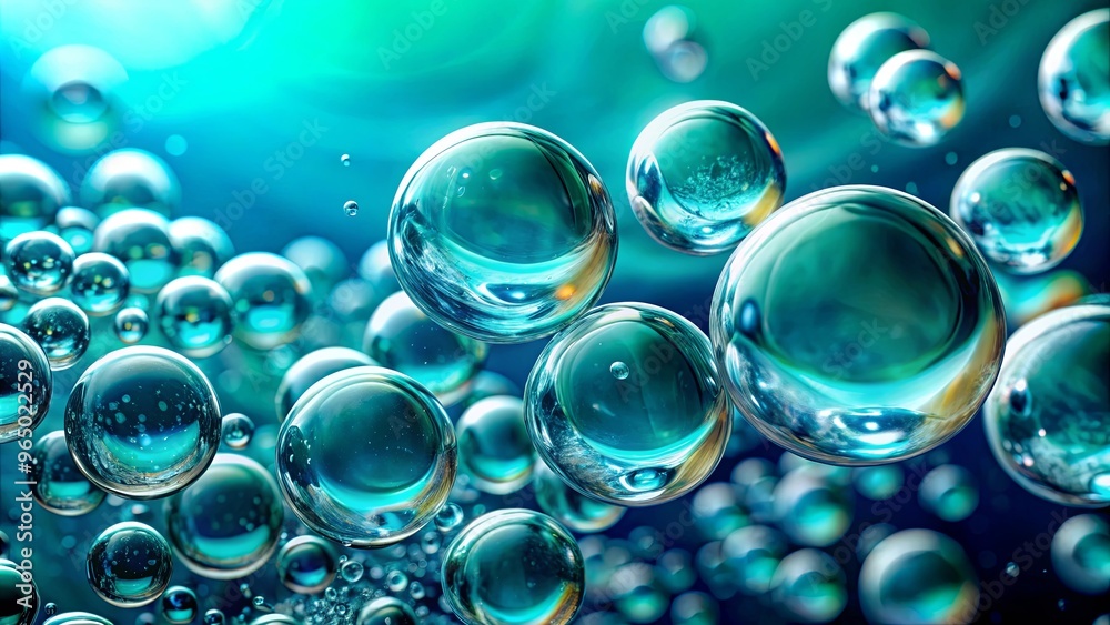 Macro shot of bubbles on blue-green background with water drops, creating a serene and captivating image Macro shot of bubbles on blue-green background with water drops, creating a serene and captivating image