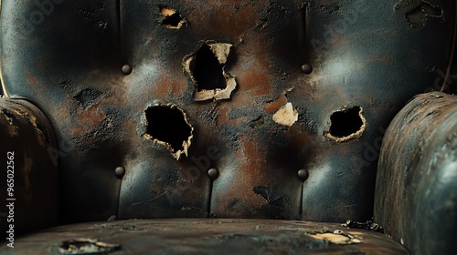 A series of bullet holes across a leather seat, with torn edges and exposed stuffing, creating a dramatic sense of a closerange encounter photo