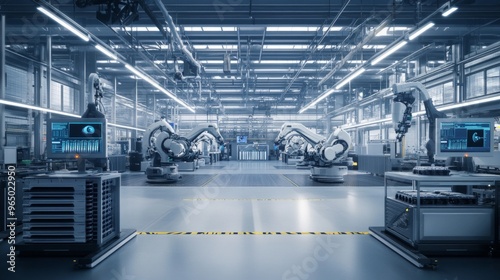 Engineers at a battery factory inspect large, advanced lithium-ion batteries, ensuring high-quality production for electric cars in a sleek, modern facility. 