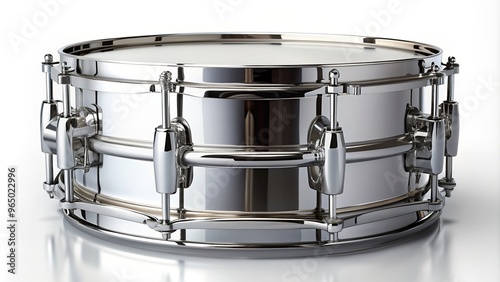 Snare drum with a sleek design and chrome finish standing isolated on a white background playing with forced perspective, foreground, groove,snare drum, background, instrument, beats