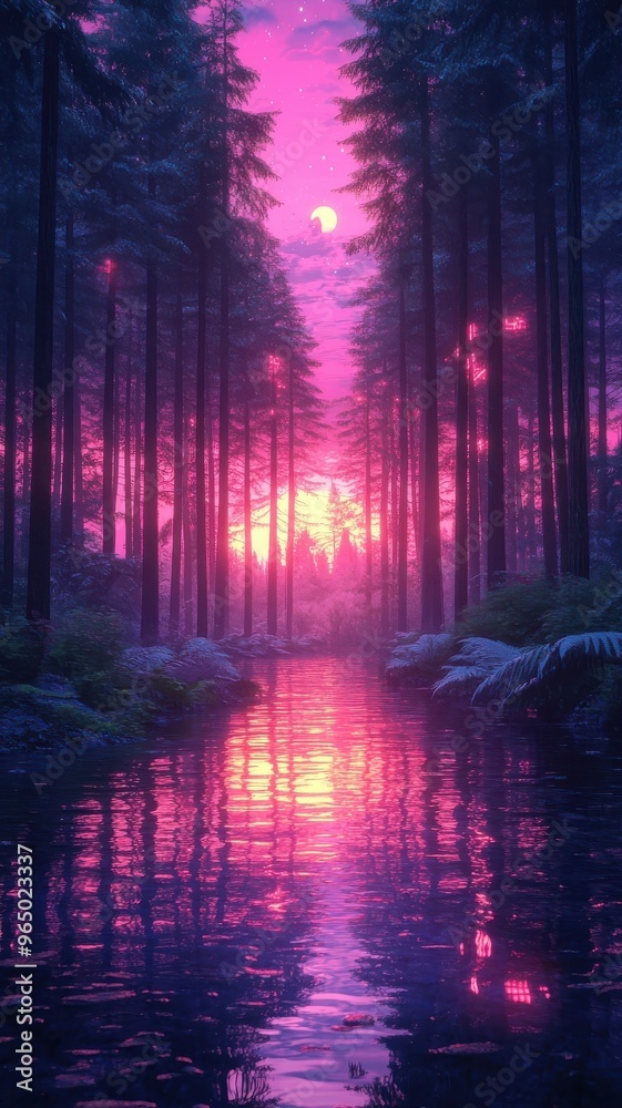 Obraz premium Pine forest depicted in synthwave style, featuring neon colors and retro-futuristic elements to create a vibrant and dynamic interpretation of the forest.
