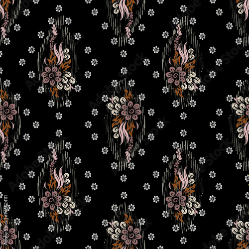 Ikat  floral pattern hand drawn on earth tone, Motif ethnic  floral seamless textil,  embroidery, print striped ornament floral, pattern, design for wrapping, silk, scarf, background, textile