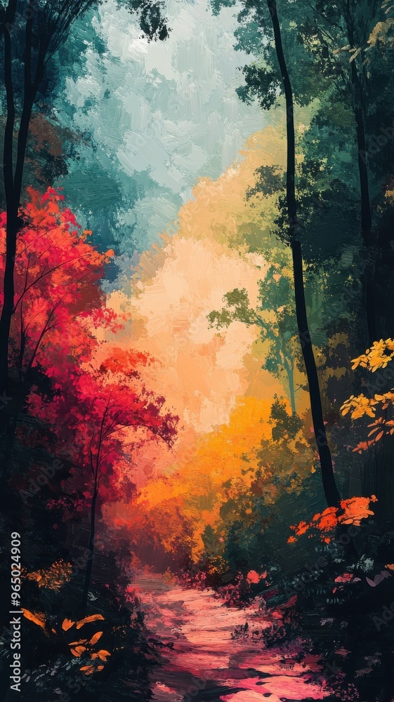 Fototapeta premium Abstract Expressionism style forest with bold strokes and dynamic textures.