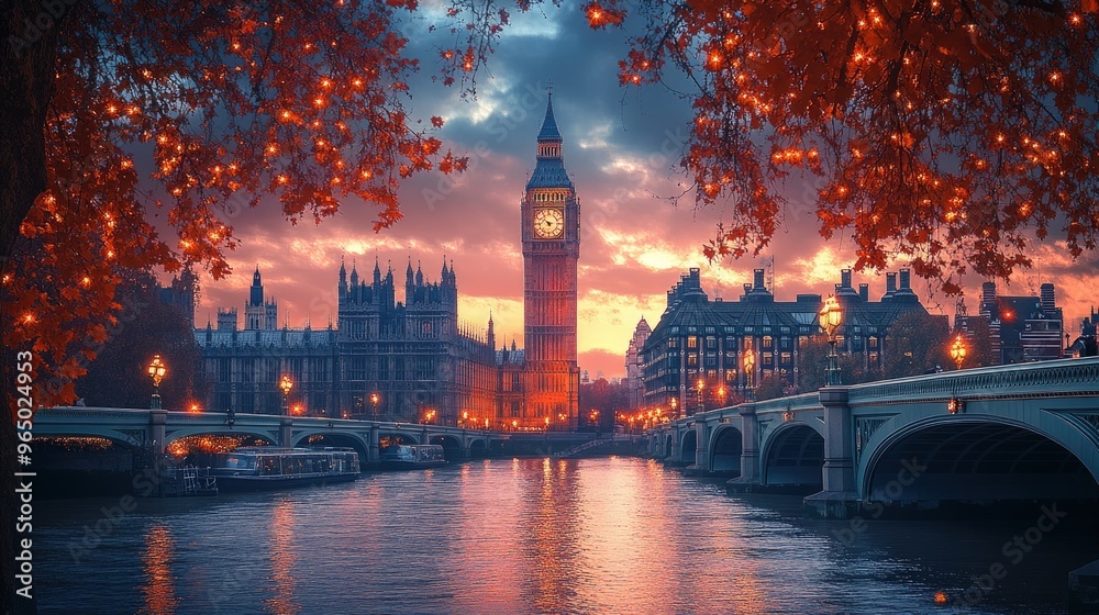 Naklejka premium Big Ben and Houses of Parliament at sunset, framed by branches with orange lights, reflecting in the River Thames.