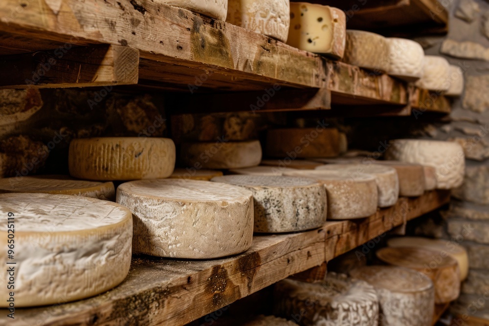 Cheeses aged on wooden shelves in a rustic cellar environment showcasing traditional aging techniques Cheeses aged on wooden shelves in a rustic cellar environment showcasing traditional aging techniques