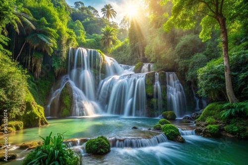 Medium sized waterfall flowing through a lush green jungle in the early morning during the refreshing spring season, outdoor, natural beauty, jungle, medium, foliage, nature, spring