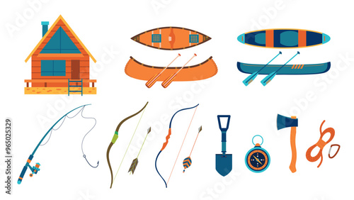 A collection of illustration elements featuring a wooden cabin, canoe, fishing rod, bow and arrow, and other camping gear