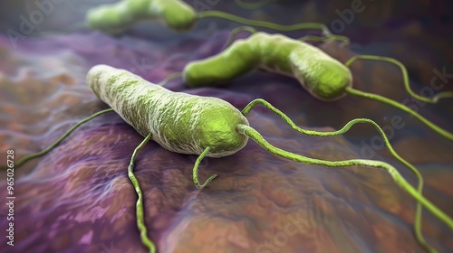 A close - up view of Helicobacter pylori. The bacteria are shown in their unique spiral shape. They might be seen in the stomach environment. photo