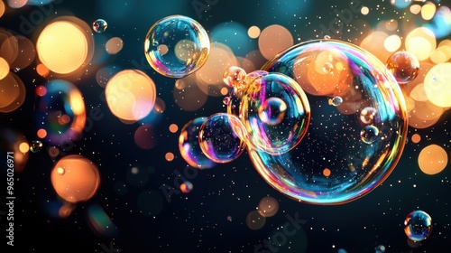 Glowing neon bubbles in rainbow hues float weightlessly in dark space, casting vibrant reflections photo