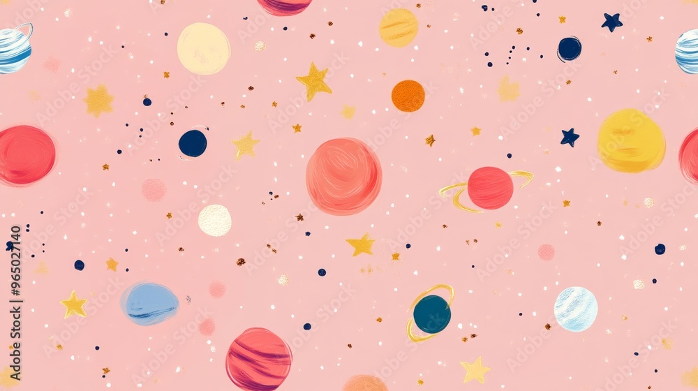 Colorful planets and stars on a pink background, space-themed pattern. Cosmic imagination and creativity concept Colorful planets and stars on a pink background, space-themed pattern. Cosmic imagination and creativity concept