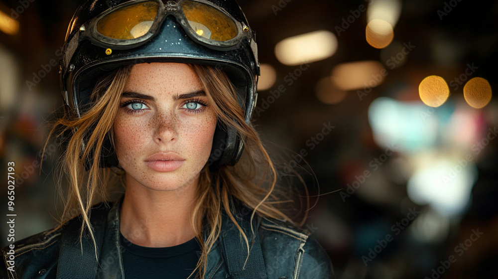 female Formula 1 driver exudes focus and confidence in this dynamic shot. With her helmet and racing suit, she symbolizes strength, determination, and the beauty of women excelling in male-dominated s female Formula 1 driver exudes focus and confidence in this dynamic shot. With her helmet and racing suit, she symbolizes strength, determination, and the beauty of women excelling in male-dominated s