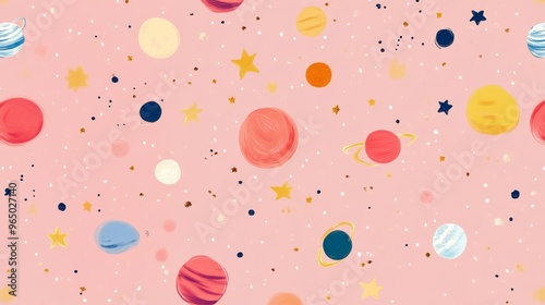 Colorful planets and stars on a pink background, space-themed pattern. Cosmic imagination and creativity concept