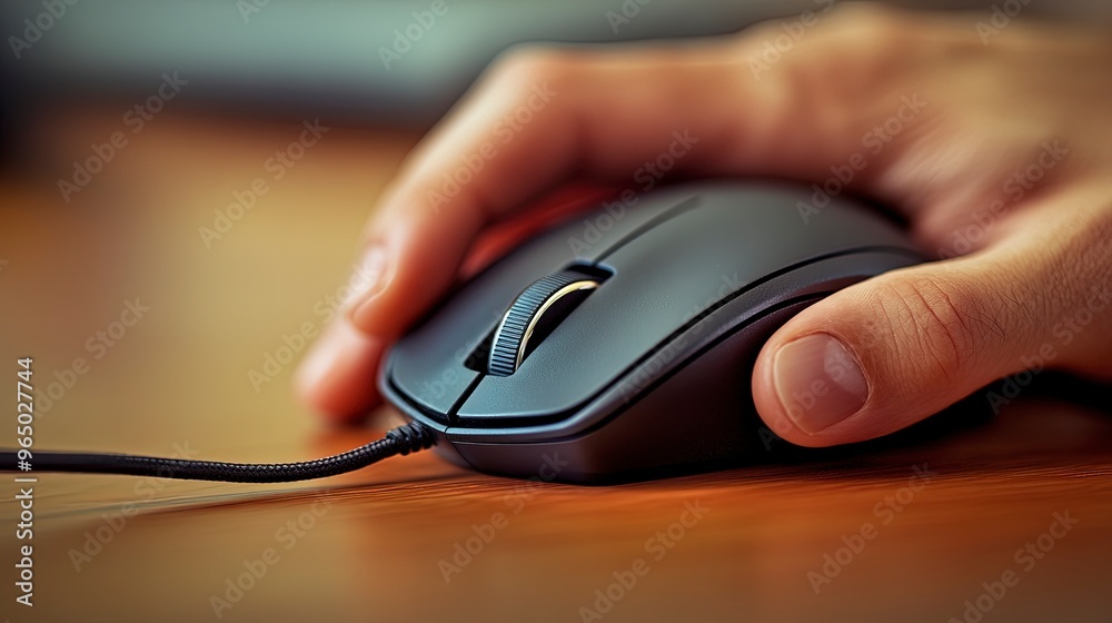 Adaptive computer mouse, with hand using it, desk background, soft focus Adaptive computer mouse, with hand using it, desk background, soft focus
