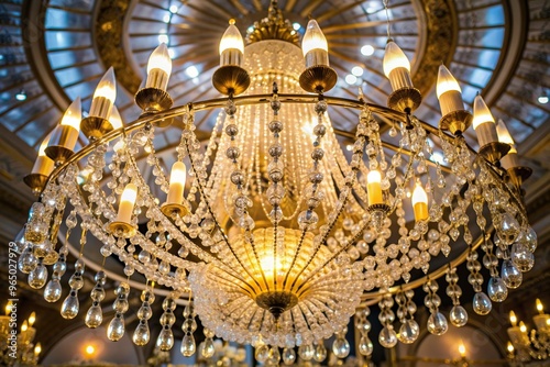 sparkling, luxurious ambiance, lighting, glamour, A stunning chandelier made of sparkling crystal hanging from the ceiling captured from a unique worm s eye view perspective photo