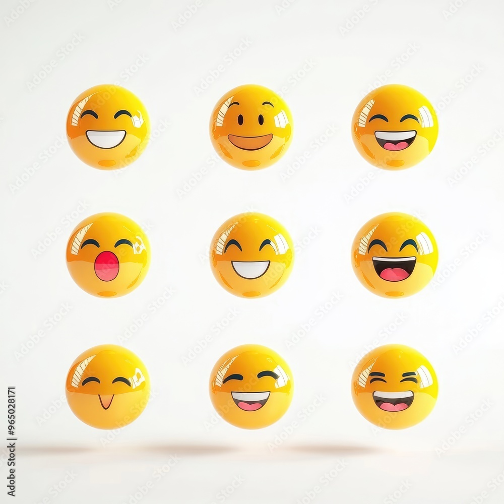 Bright and cheerful collection of yellow emoji balls showcasing various facial expressions and emotions against a simple white background