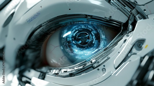 AI-powered vision testing device, scanning an eye, close-up on the eye and device