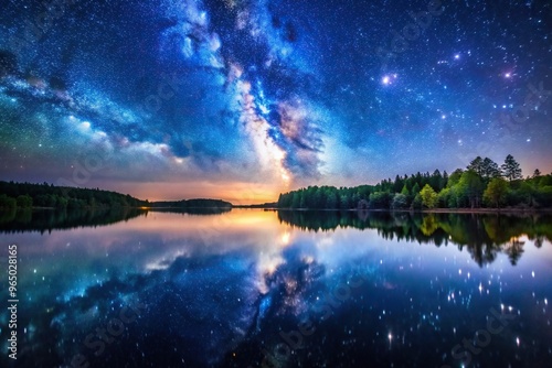 A stunning bird s eye view photo showcasing the mesmerizing reflection of the starry night sky on the calm surface of a lake, starry sky, stunning, lake, mesmerizing, reflection