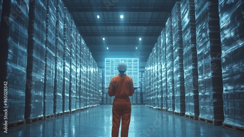 Industrial worker in a modern warehouse scanning a pallet with a barcode reader, AI-powered system visuals in the background, sleek design, minimalistic, monochromatic with digital accents photo