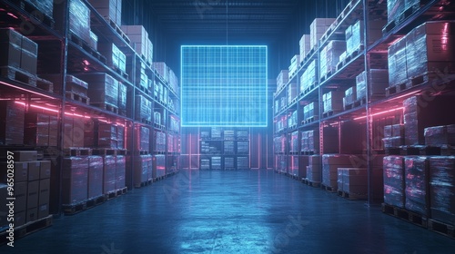 Labeled boxes on a pallet, surrounded by a holographic grid overlay indicating contents, high-tech warehouse setting, soft blue neon glow