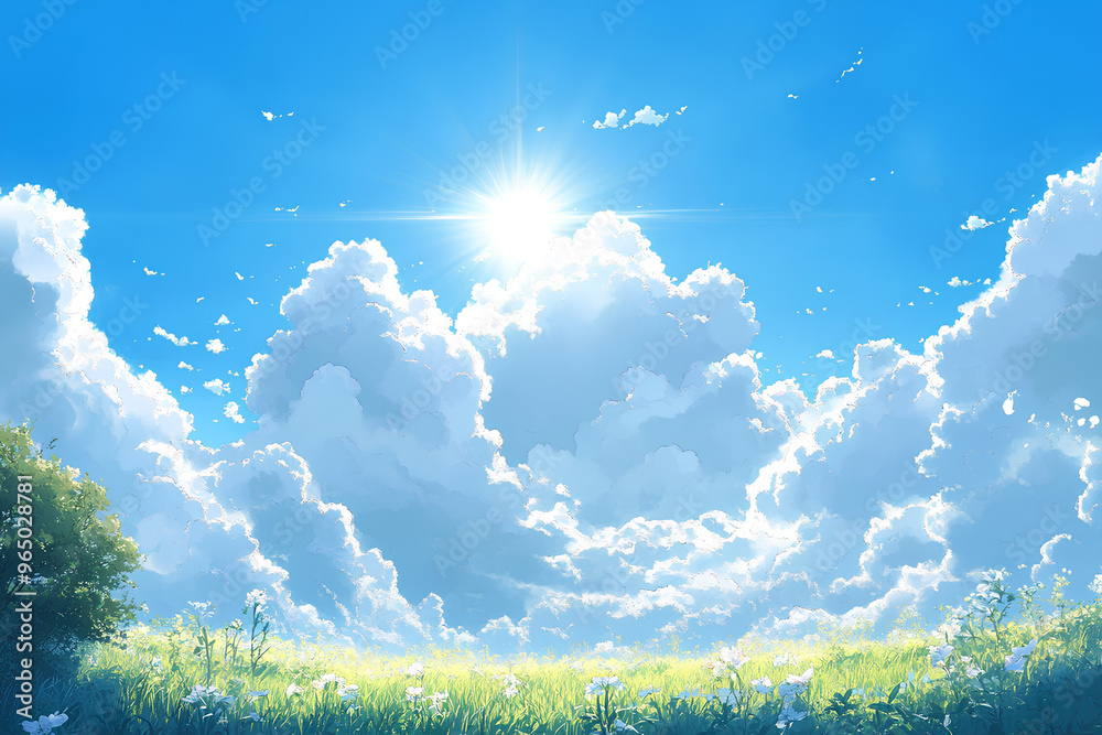 Fototapeta premium A picturesque view of a sunny day with a field of white flowers and a bright blue sky filled with fluffy clouds.