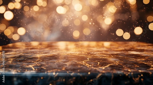 Gold marble table top with fireworks background