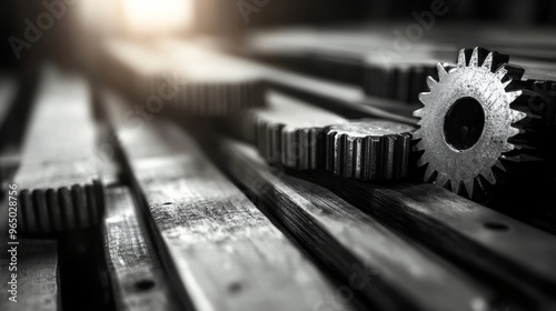 Machinery parts arranged on a pallet in a grungy industrial setting, with soft ambient lighting and realistic textures, photorealistic style, detailed shadows, monochrome finish