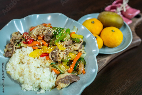 Boiled rice with beef brisket on a dish, South Korea photo