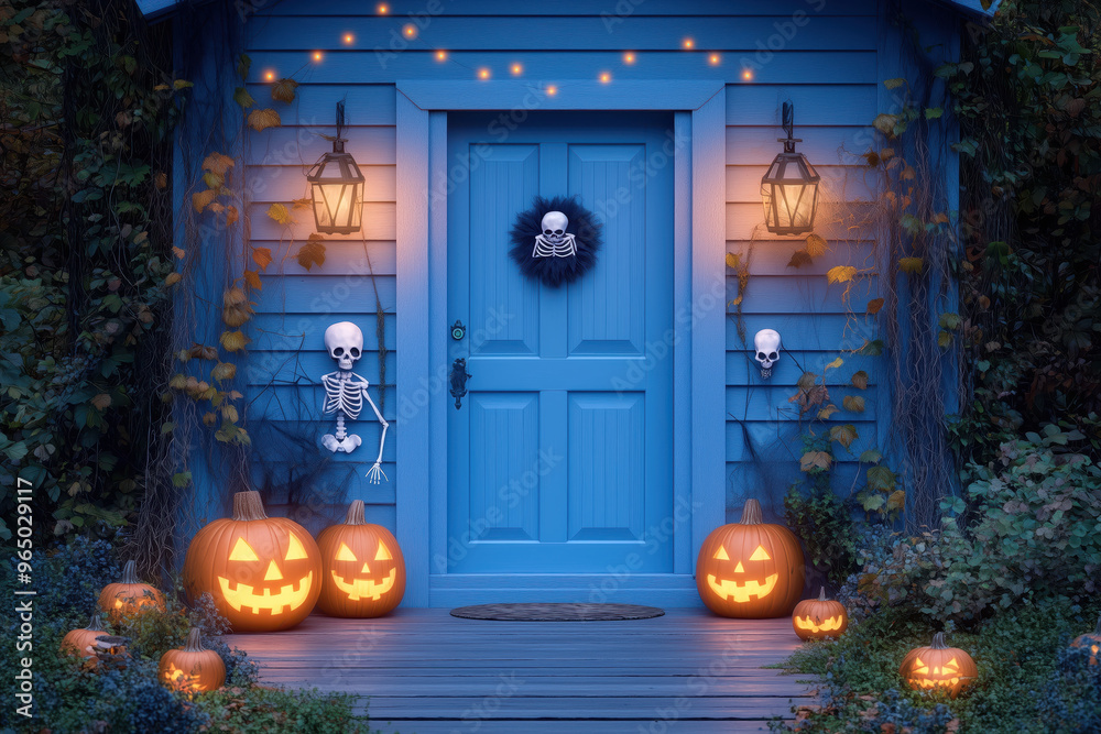 Obraz premium Jack-o'-lantern, Halloween pumpkin in the garden, Halloween pumpkin on the door: A carved, orange pumpkin with a spooky face, lit from within by a candle, sits on a doorstep against a dark autumn 