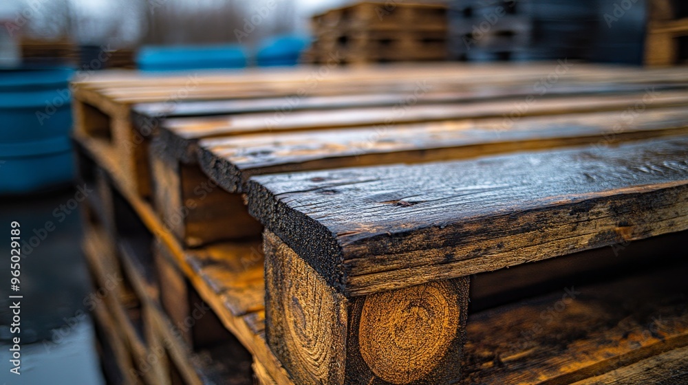 Macro view of a wooden pallet's surface, capturing the deep grain patterns and wood imperfections, placed in a cold, industrial warehouse setting Macro view of a wooden pallet's surface, capturing the deep grain patterns and wood imperfections, placed in a cold, industrial warehouse setting