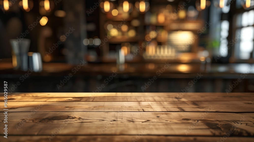 Rustic wooden table in a cozy, dimly-lit bar with warm ambient lighting and blurred background. Perfect for hospitality-themed projects, advertisements, and digital art.