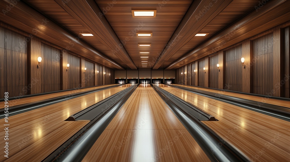 Fototapeta premium Bowling alley, with polished lanes, pins set up, dim overhead lighting
