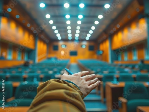 An empty conference room with a visible hand reaching forward, illustrating concepts of communication and engagement.